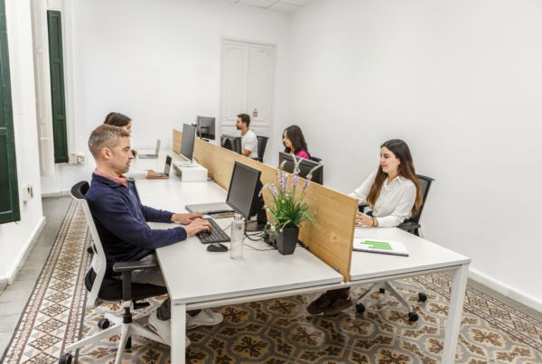 Kilku pracowników pracujących na komputerach przy wspólnych, długich biurkach przedzielonych drewnianymi ściankami. Jasne pomieszczenie ze wzorzystą podłogą ilustruje przykład dobrze zaaranżowanej przestrzeni