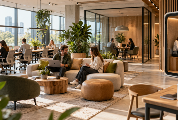 Nowoczesne elastyczne biuro typu flex office z coworkingiem, strefą lounge, salą spotkań i budką do rozmów