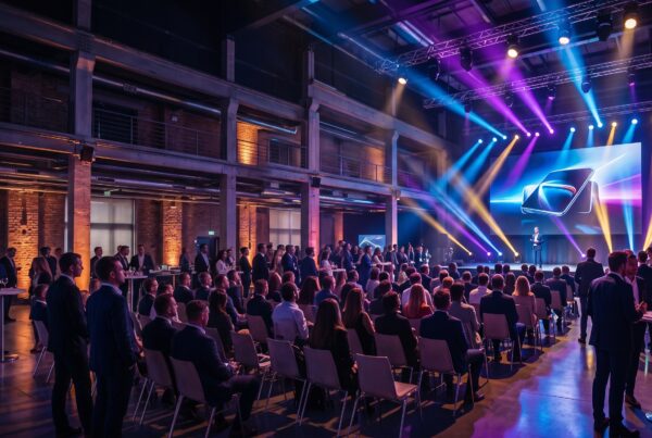 Nowoczesna przestrzeń eventowa w stylu industrialnym podczas premiery produktu z publicznością i oświetloną sceną